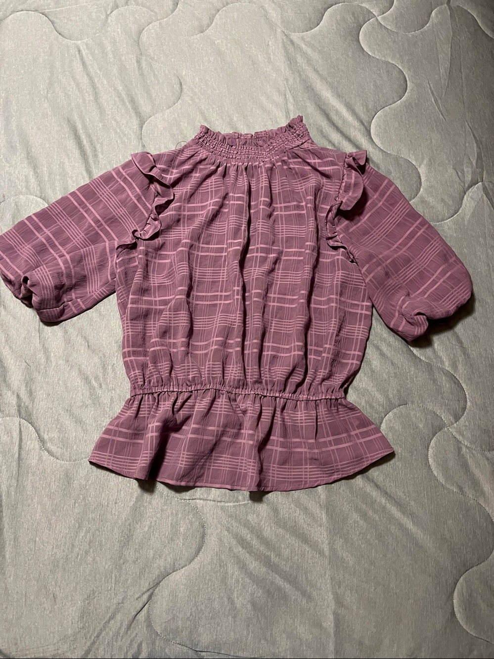 1775 Women’s Large Mauve Purple Plaid Smocked Peplum Blouse 3/4 Sleeve Top